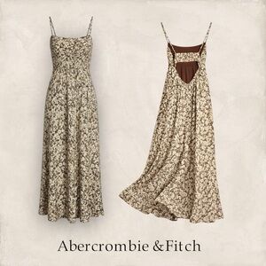 Abercrombie & Fitch Cottagecore Floral Crinkle Maxi Dress Brown Tan Size S